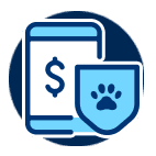 Icône d'un téléphone mobile ayant un signe de dollar sur l'écran et un écusson avec l'empreinte d'une patte de chien